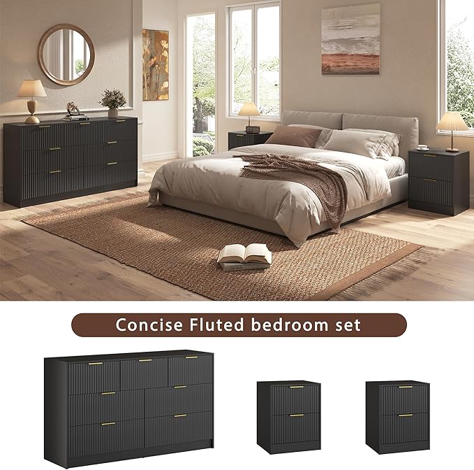 3-Piece Modern Bedroom Furniture Set, Wide 7-Drawer Dresser & 2-Drawer Nightstands Set of 2, Natural Wood Dresser and Nightstand Sets for Bedroom, Hallway, Black