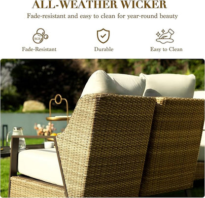4 Piece Patio Furniture Set, All-Weather Wicker Outdoor Conversation Set with 4.72" Olefin Thick Cushions – 3-Seat Sofa, 2 Armchairs & Coffee Table for Deck, Porch, Balcony, Backyard, Beige