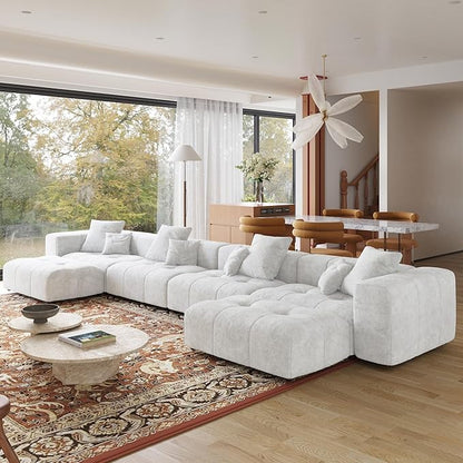 JACH 183.5 Inch U-Shaped Modular Sectional Sofas, Modern 4-Seater Couch with Chaise Ottomans, Mid Century Modern Sectional Couches, Cozy Sleeper Sofa for Living Room (Linen Fabric, White)