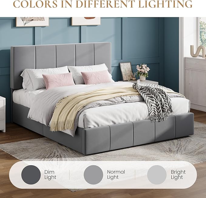 SHA CERLIN Queen Bed Frame, Velvet Upholstered Platform Bed, Vertical Channel Tufted Adjustable Headboard, Low Profile Bed Frame, No Box Spring Needed, Easy Assembly, Grey