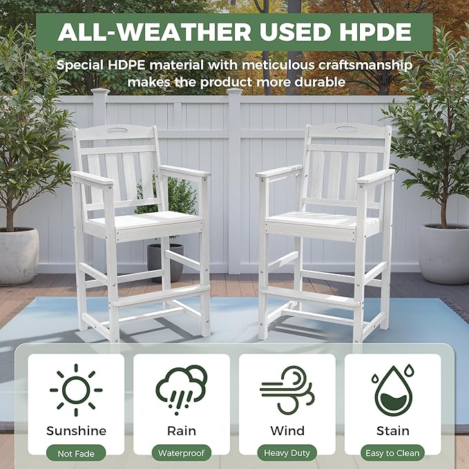 HDPE Outdoor Patio Tall Adirondack Bar Chairs Set of 2, All-Weather Bar Height Balcony Adirondack Stools for Bistro, Garden, Backyard, Pool, Deck | White