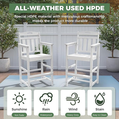HDPE Outdoor Patio Tall Adirondack Bar Chairs Set of 2, All-Weather Bar Height Balcony Adirondack Stools for Bistro, Garden, Backyard, Pool, Deck | White