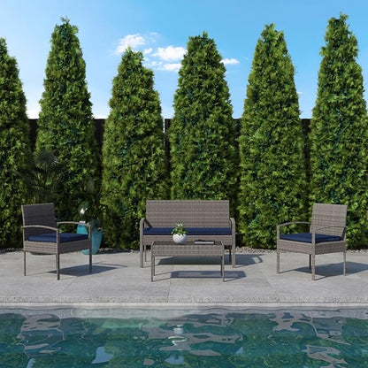 Flash Furniture Aransas Series 4 Piece Gray Patio Set with Steel Frame and Navy Cushions