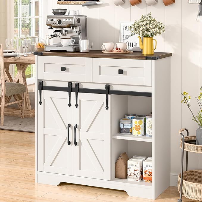 Farmhouse Storage Cabinet, Bathroom Cabinet with 2 Sliding Barn Doors, Floor Storage Cabinets with Adjustable Shelves and 2 Drawers for Kitchen, Living Room, Dining Room, White