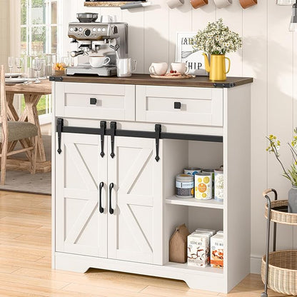 Farmhouse Storage Cabinet With Sliding Barn Doors and Drawers for Bathroom, Kitchen, Living Room - Rustic Style Floor Storage, White