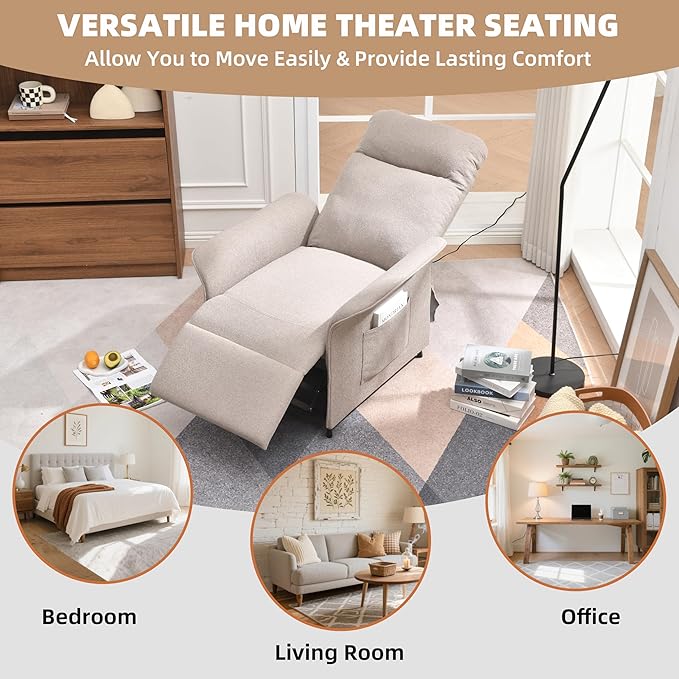 Power Recliner Chair, Adjustable Electric Recliner Chairs for Adults, Sleeper Sofa Bed with Remote Control & Side Pocket, Linen Upholstered Chair for Living Room/Bedroom, Easy Assembly,Brown