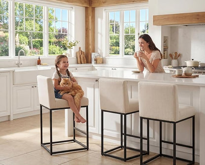 27" Counter Height Bar Stools Set of 3 with Back and Footrest for Kitchen Modern Metal Barstools, Linen Upholstered Bar Chairs Island Stools, Beige