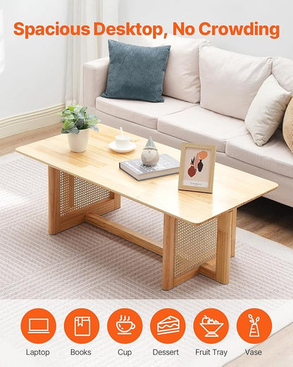 VEVOR Rattan Coffee Table, Rectangle Woven With Rubber Wood Top, 47-Inch Modern Boho Storage Table With Natural Legs, for Living Room, Bedroom & Small Spaces