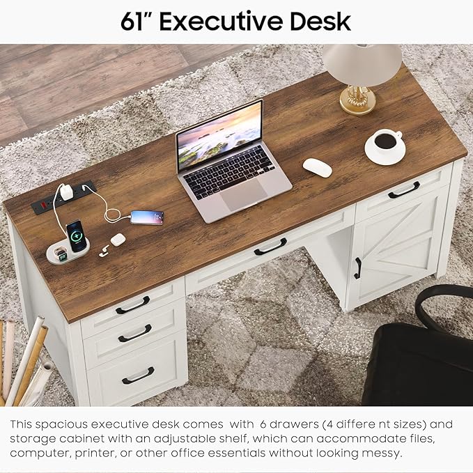 Farmhouse 61'' Executive Desk with 5 Drawers, Rustic Office Desk Computer Desk with Charging Station, File Drawers and Storage Cabinet, Wood Workstation for Home Office and Study, Unique White