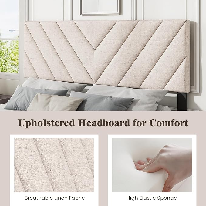 Giantex Linen Upholstered Headboard, Adjustable Width Button Tufted Headboard Only with Solid Wood Legs, Attach Frame, Rectangular Headboard for Queen Full Size Bed, Beige