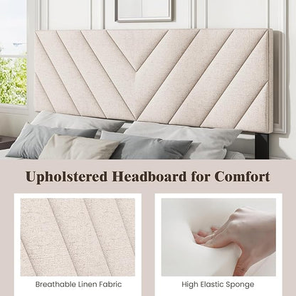 Giantex Linen Upholstered Headboard, Adjustable Width Button Tufted Headboard Only with Solid Wood Legs, Attach Frame, Rectangular Headboard for Queen Full Size Bed, Beige