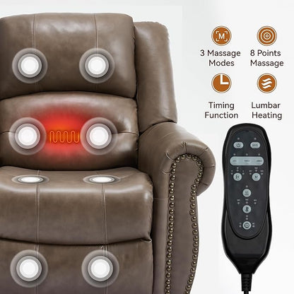 Luxlen Power Lift Recliner Chair for Elderly, Dual Motor Massage Recliner with Lumbar Heat, Heavy Duty Motion Mechanism Lift Chair with Charge Ports, Genuine Leather - Brown