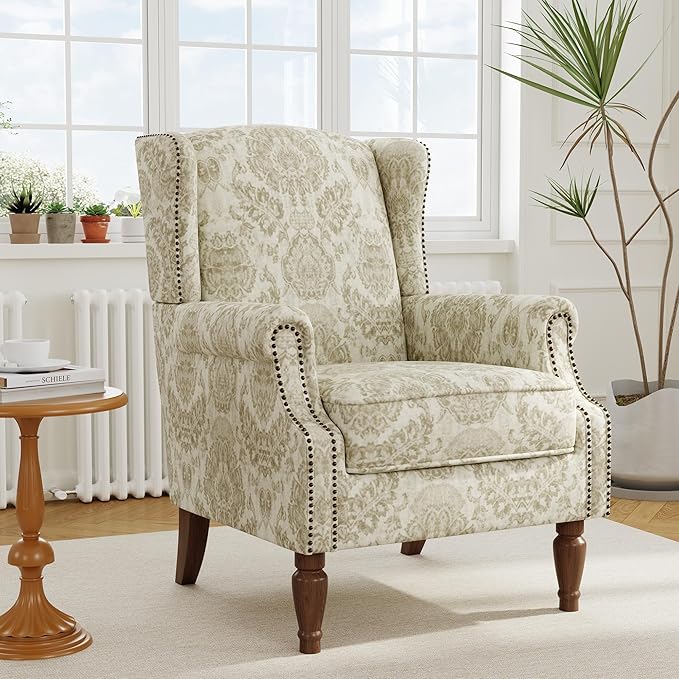 Accent Chair, Upholstered High Back Floral Armchair with Nailhead Trim & Wood Legs, Comfy Wingback Reading Single Sofa Chair for Small Spaces, Living Room, Bedroom ( Light Brown Floral, Set of 2)