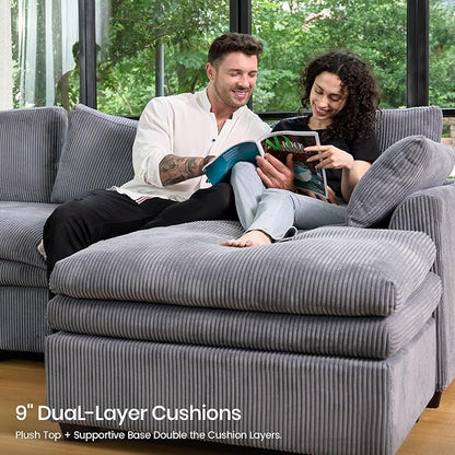 Belffin Large Modular Sectional Sofa with Double Deep Chaise and Loveseat, Corduroy U Shape Couch with 9" Soft Dual-Layer 9 Seats Cushion for Living Room, Apartment, Light Grey