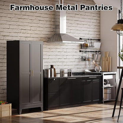 Bathroom Storage Cabinet Freestanding, 61" Tall Metal Cabinets with Doors and Shelves, Black Kitchen Pantry Cabinet, Utility Metal Locker Storage Cabinet for Garage, Home Office