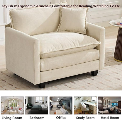 Aoowow Chenille Upholstered Accent Chair Oversized,Fluffy Single Cloud Sofa Chairs with Deep Seat,Modern Large Reading Arm Chair with Throw Pillow for Living Room,Bedroom (Beige, Single Sofa Chair)