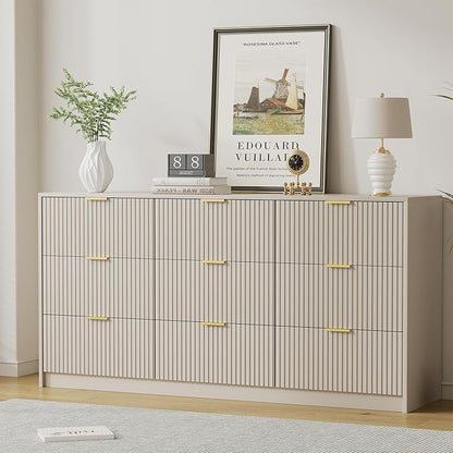 Beige Dresser for Bedroom, Modern Dresser with 9 Drawers and Smooth Slides, Wide Chest of Drawers with Golden Handles for Bedroom, Living Room, Closet, 15.7" D x 63" W x 31.5" H