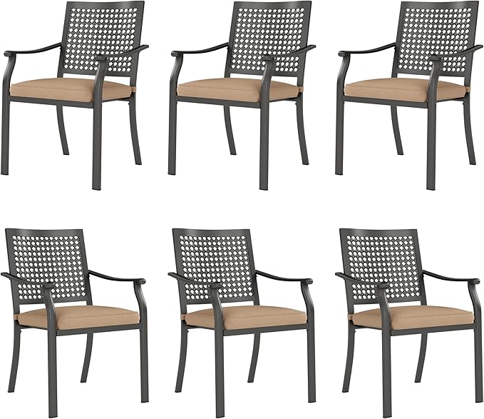 PHI VILLA Metal Outdoor Dining Chairs Set of 6 - Stackable Black Patio Chairs, 300lb Capacity (Beehive)