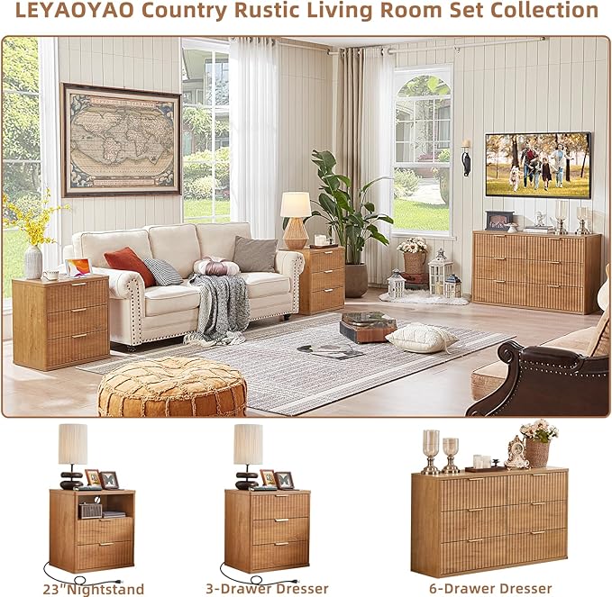 LEYAOYAO Fluted Nightstand with Charging Station, 23" Modern Night Stand with Woodgrain Top, 3 Drawers End Table w/Storage, Bedside Tables for Bedroom, Living Room, Curved Profile Design,Brown
