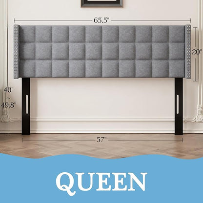 VECELO Headboard Queen Size, Linen Upholstered Headboards Only with Nailhead Trim Wingback, Square Stitched Design, Adjustable Height from 40" to 49.8", Light Grey