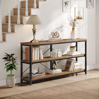 Tribesigns 55-Inch Industrial Sofa Table, 3-Tier Console Table with Metal Frame and Open Shelves, Modern Decorative Shelf, Open TV Shelf for Living Room, Entryway, Hallyway (Brown and Black)