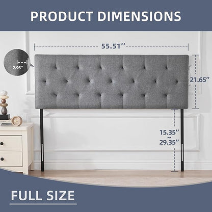 Linen Upholstered Headboard Full Size, Modern Diamond Tufting Solid Wood Full XL Headboard Only, Adjustable Height from 37” to 51” Head Board, Bed Frame or Wall Mount Headboards, Light Grey