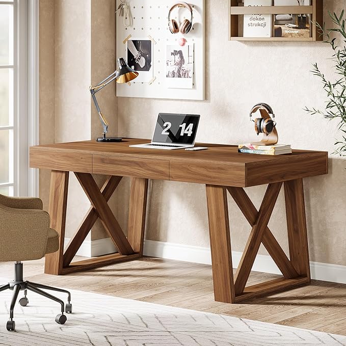Tribesigns 55" Wide Desktop Executive Desk with Drawer, Retro Brown Computer Office Desk, Modern Wood Business Workstation Table for Home Office