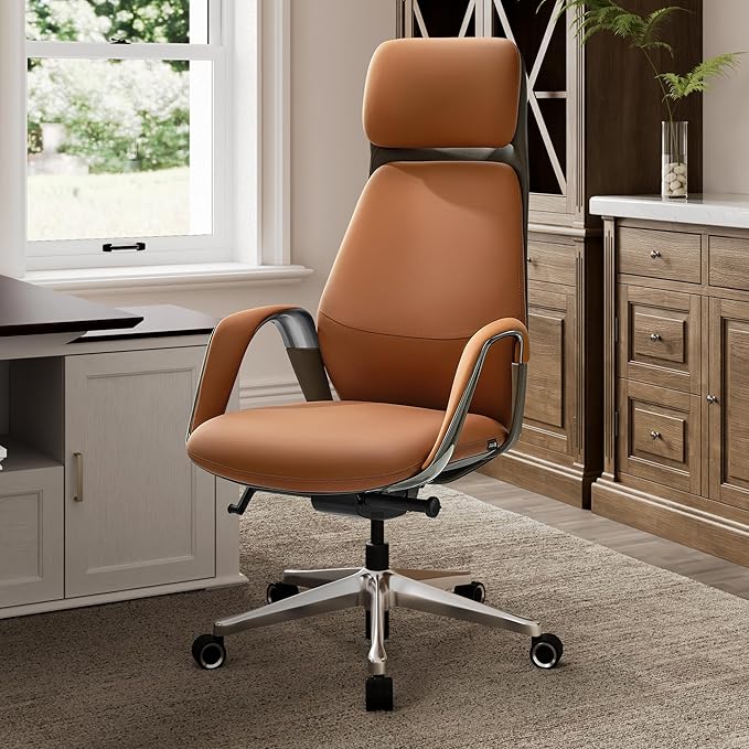 EUREKA ERGONOMIC Serene Executive Office Chair Genuine Leather Office Chair, Modern Executive Chair 135° Back Support Comfy Desk Chair with Arms & Aluminum Base for Home-Brown