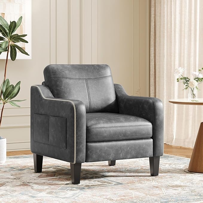PU Leather Accent Chair, Mid-Century Modern Living Room Armchair Sofa with Removable Cushions, Solid Wood Frame & Stitched Armrest Design, Bedroom Chair with Plastic Legs, Black