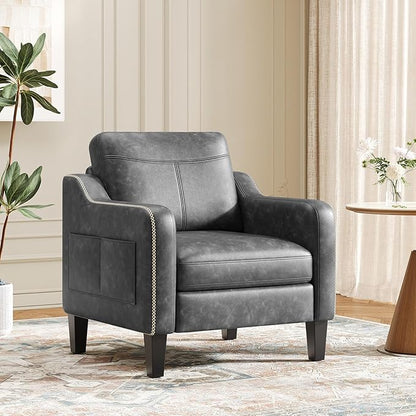 PU Leather Accent Chair, Mid-Century Modern Living Room Armchair Sofa with Removable Cushions, Solid Wood Frame & Stitched Armrest Design, Bedroom Chair with Plastic Legs, Black