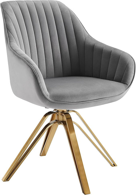 Zouron Mid Century Modern Swivel Accent Chair with Gold Metal Legs, Upholstered Swivel Chair No Wheels, Side Accent Arm Chair Vanity Chair for Small Space Home Office Living Room Bedroom, Grey