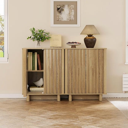 LukeAlon Fluted Sideboard Cabinet, Farmhouse Boho Accent Buffet Cabinet with Storage, 47" Wooden Credenza Hallway Cabinets for Living Room Dining Room Entryway, Natural Wood Color