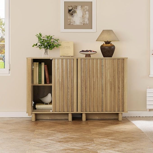 LukeAlon Fluted Sideboard Cabinet, Farmhouse Boho Accent Buffet Cabinet with Storage, 47" Wooden Credenza Hallway Cabinets for Living Room Dining Room Entryway, Natural Wood Color