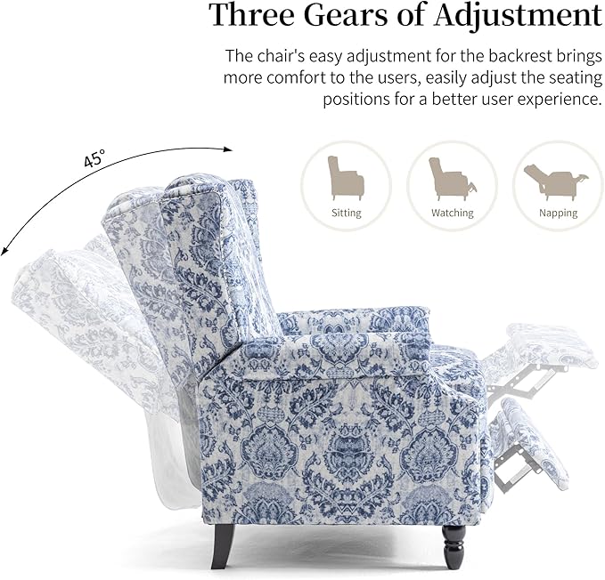 Pushback Recliner Chair Set of 2, Floral Fabric Wingback Recliner Chair, Upholstered Armchair Push Back Recliner, Rivet Trim Single Sofa Accent Chair with Wood Legs for Living Room, Navy