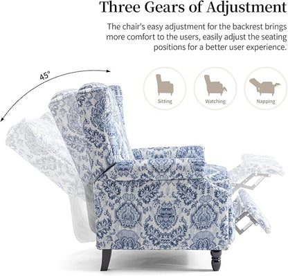 Pushback Recliner Chair Set of 2, Floral Fabric Wingback Recliner Chair, Upholstered Armchair Push Back Recliner, Rivet Trim Single Sofa Accent Chair with Wood Legs for Living Room, Navy
