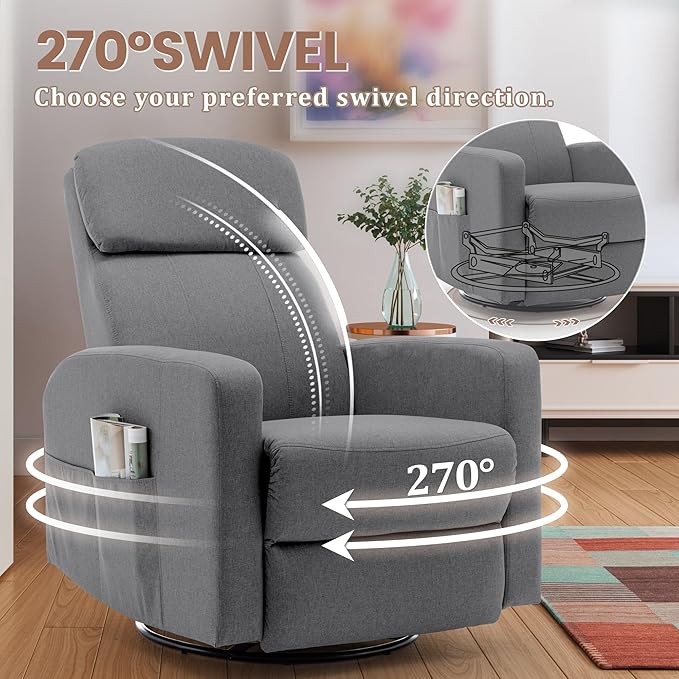 Power Swivel Recliner Chairs for Adults, Electric Glider Rocking Chair Nursery, Glider Recliner Nursery Chair with Classified Side Pocket, Nursery Rocking Chairs with USB and Type-C Ports