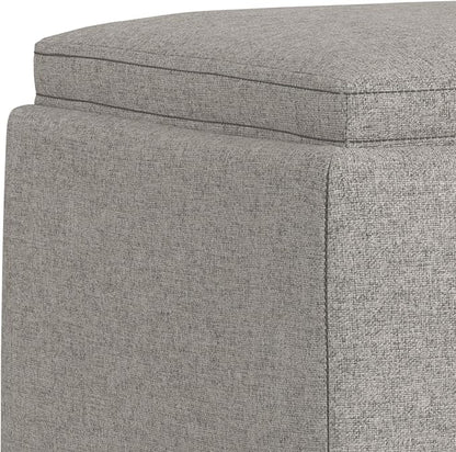 SIMPLIHOME Natasha 18 inch Wide Mid Century Square Mid Century Storage Ottoman with Tray in Cloud Grey Polyester Linen, Assembled, For the Living Room, Entryway and Family Room
