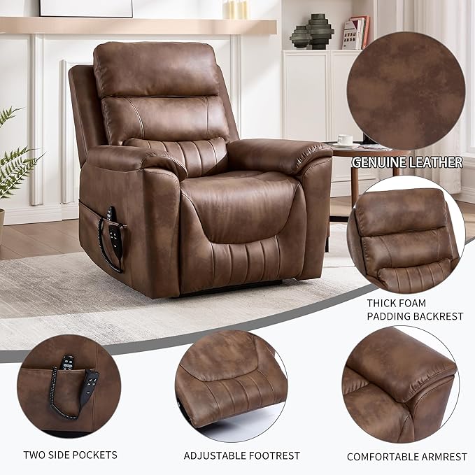 PELUMY Power Lift Recliner Chair for Elderly with Massage and Heat, Dual Motor Heavy Duty 350lbs Recliner, 8-Point Vibration & Lumbar Heating, Electric Lift Chair (Breathable Leather, Brown)