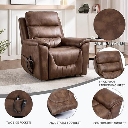 PELUMY Power Lift Recliner Chair for Elderly with Massage and Heat, Dual Motor Heavy Duty 350lbs Recliner, 8-Point Vibration & Lumbar Heating, Electric Lift Chair (Breathable Leather, Brown)