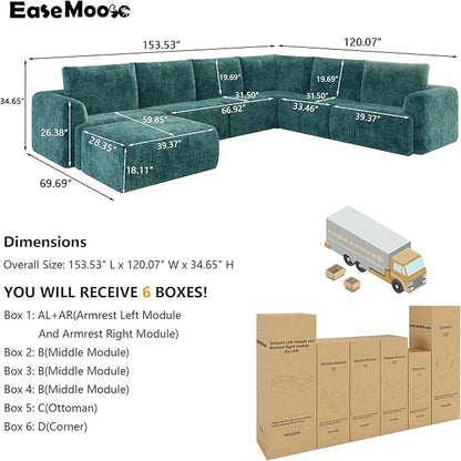 EASE MOOSE Sectional Cloud Couch Oversized for Living Room,7-Seat Modular Boneless Sofa U-Shaped Sofa with Ottoman, No-Assembly Chenille Couch, Blue