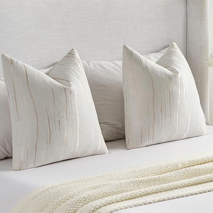 FUTEI Cream Chenille Decorative Throw Pillow Covers 18x18 Inch Set of 2,Soft Embossed Striped Textured Cushion Case,Modern Home Decor for Couch Bed Living Room