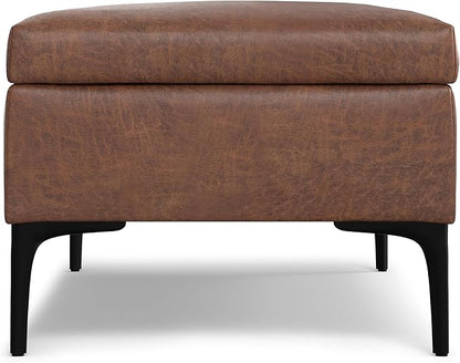SIMPLIHOME Rebecca 48 inch Wide Mid Century Modern Rectangle Large Coffee Table Storage Ottoman with Lift up Lid in Distressed Saddle Brown Faux Leather for The Living Room, Entryway and Family Room