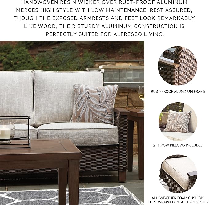 Signature Design by Ashley Paradise Trail Outdoor Loveseat with All Weather Cushions, Nuvella Weather Resistant Fabric, Medium Brown