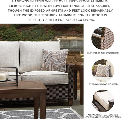 Signature Design by Ashley Paradise Trail Outdoor Loveseat with All Weather Cushions, Nuvella Weather Resistant Fabric, Medium Brown