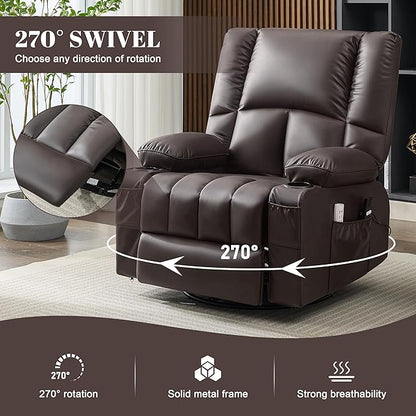 Swivel Rocker Chair with Heat and Massage, 270° Power Recliner Chairs for Adults, USB and Type-C Ports, Oversized Recliner Single Sofa, Electric Glider Chair(Darkbrown)