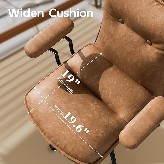 Brown Leather Office Chair with Wheels, Triple-Layers Thicken Wide Seat Height Adjustable, Mid-Century Modern Comfy Desk Chair for Home, Office