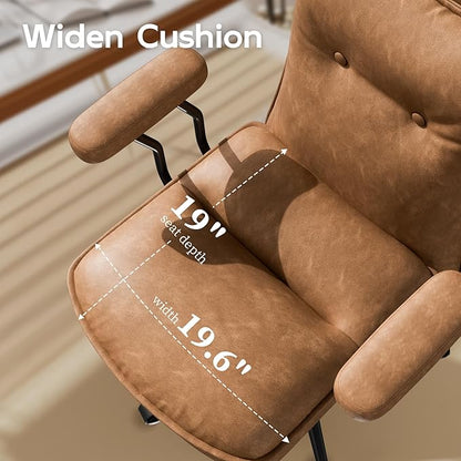 Brown Leather Office Chair with Wheels, Triple-Layers Thicken Wide Seat Height Adjustable, Mid-Century Modern Comfy Desk Chair for Home, Office
