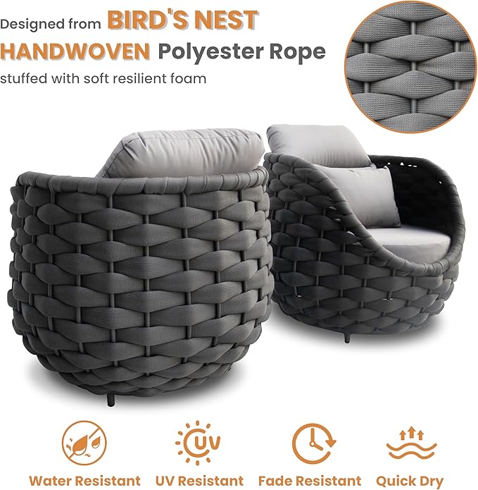 Lanai Outdoor Furniture Sofa Set: 6-Piece Aluminum Woven Rope Patio Conversation Set w/Table - Modern Cushions Couch Set - No Assembly Porch Seating for Deck Yard Garden Pool Hotel Resort