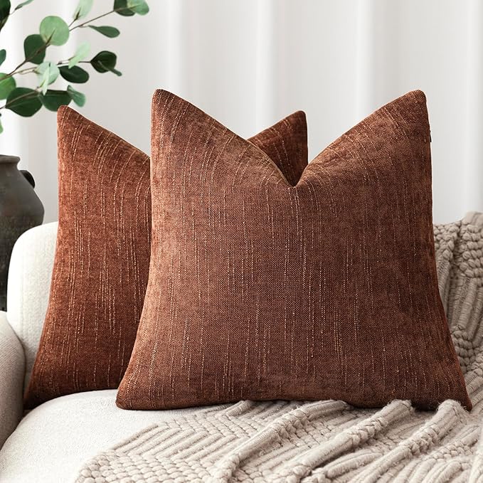 Foindtower Pack of 2 Soft Textured Chenille Throw Decorative Pillow Covers Square Accent Solid Cushion Cover Cozy Neutral Farmhouse Pillow Case for Couch Sofa Bedroom Living Room 26x26 Inch,Red Taupe