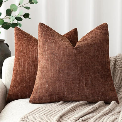 Foindtower Pack of 2 Soft Textured Chenille Throw Decorative Pillow Covers Square Accent Solid Cushion Cover Cozy Neutral Farmhouse Pillow Case for Couch Sofa Bedroom Living Room 24x24 Inch,Red Taupe